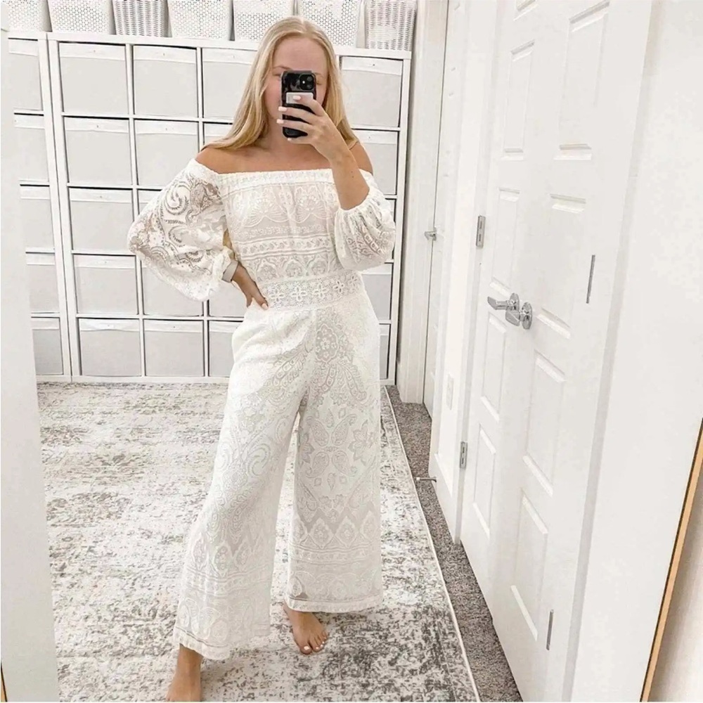 Farm Rio Anthropologie Elliot Ivory Off the Shoulder Elegant Jumpsuit SI… - Picture 2 of 15
